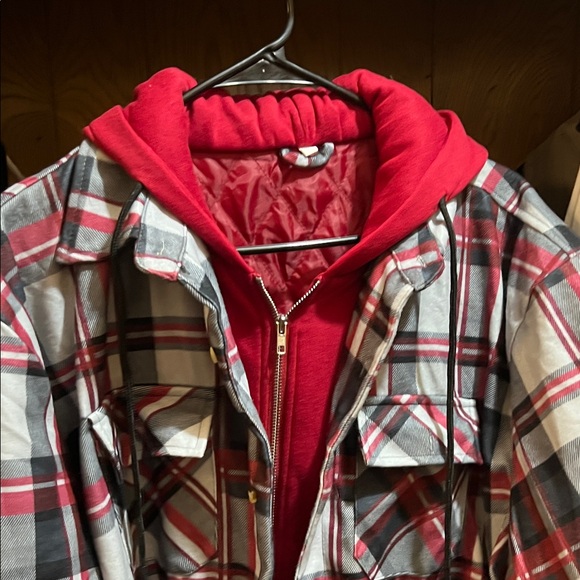 None Other - Men's Red and Gray Plaid Shirt Jacket